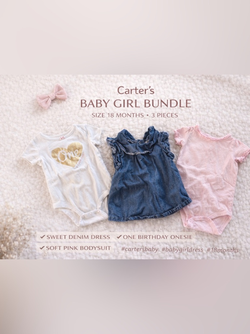 Carter’s Baby Girl Bundle | 18 Months | Denim Dress + Bodysuits